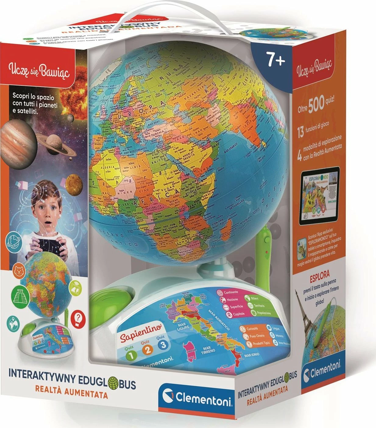 Glob edukativ interaktiv Clementoni Interactive Eduglobus 50847, me stilolaps folës, AR, 500+ kuize, 7+, shumëngjyrësh, set me stilolaps