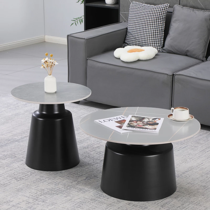 Set 2 tavolina salloni Dualis, metal i zi, sipërfaqe gur i sinterizuar, ngjyrë mermeri gri