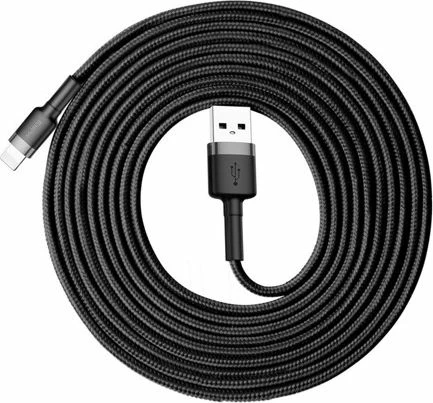 Kabllo USB-A në Lightning Baseus 3 m, USB 2.0, 2A, najlon e thurur, zi-gri
