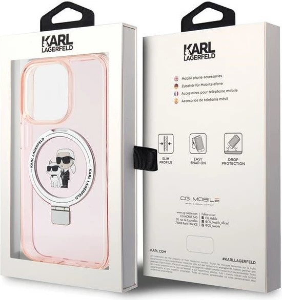Mbështjellës Karl Lagerfeld KLHMP15LHMRSKCP për iPhone 15 Pro 6.1", me unazë Ring Stand, MagSafe, rozë
