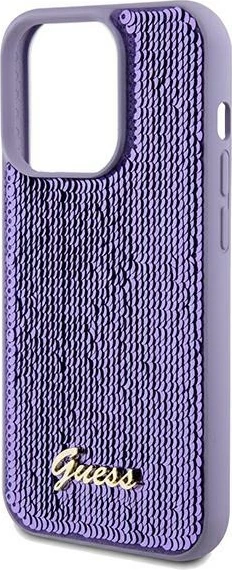 Mbështjellës Guess Sequin Script Metal për iPhone 14 Pro, vjollcë