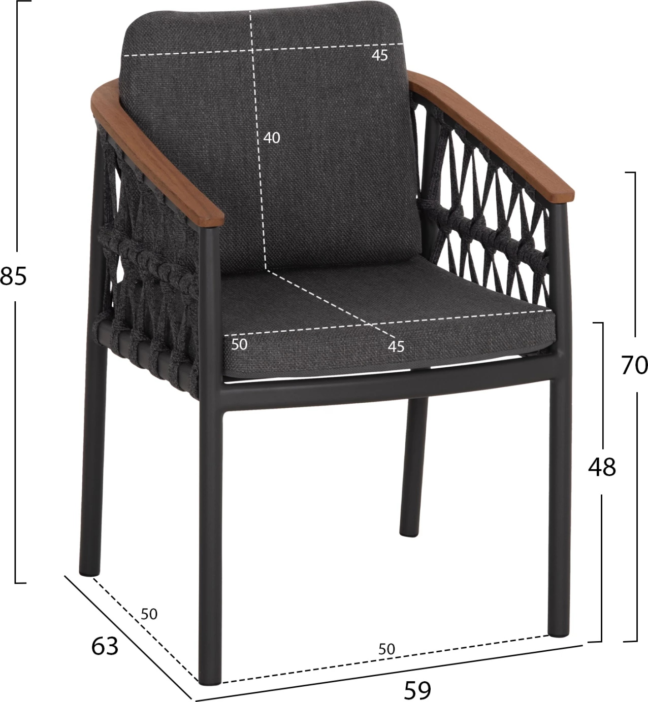 Karrige ngrënie për jashtë STREAM, alumin i zi, litar, pëlhurë Olefin, 59x63x85cm, set prej 2 copë