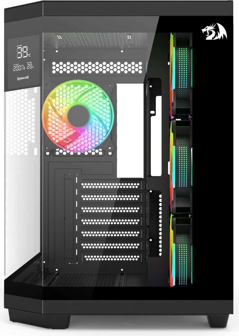 Kasë Redragon GC-625-PRO Vision ARGB, Midi Tower ATX/µATX/ITX, LCD ekran, 4 ventilatorë ARGB, pa PSU, e zezë