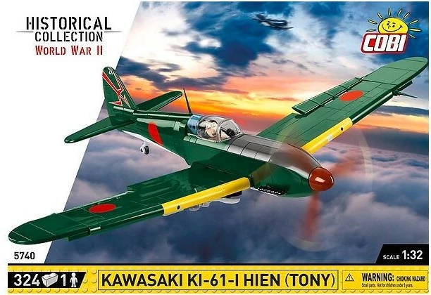 Set kockash ndërtimi Cobi Historical Collection WWII Kawasaki KI-61-I Hien (Tony) 5740, 324 pjesë, shkallë 1:32, me figurë piloti dhe bazë ekspozimi