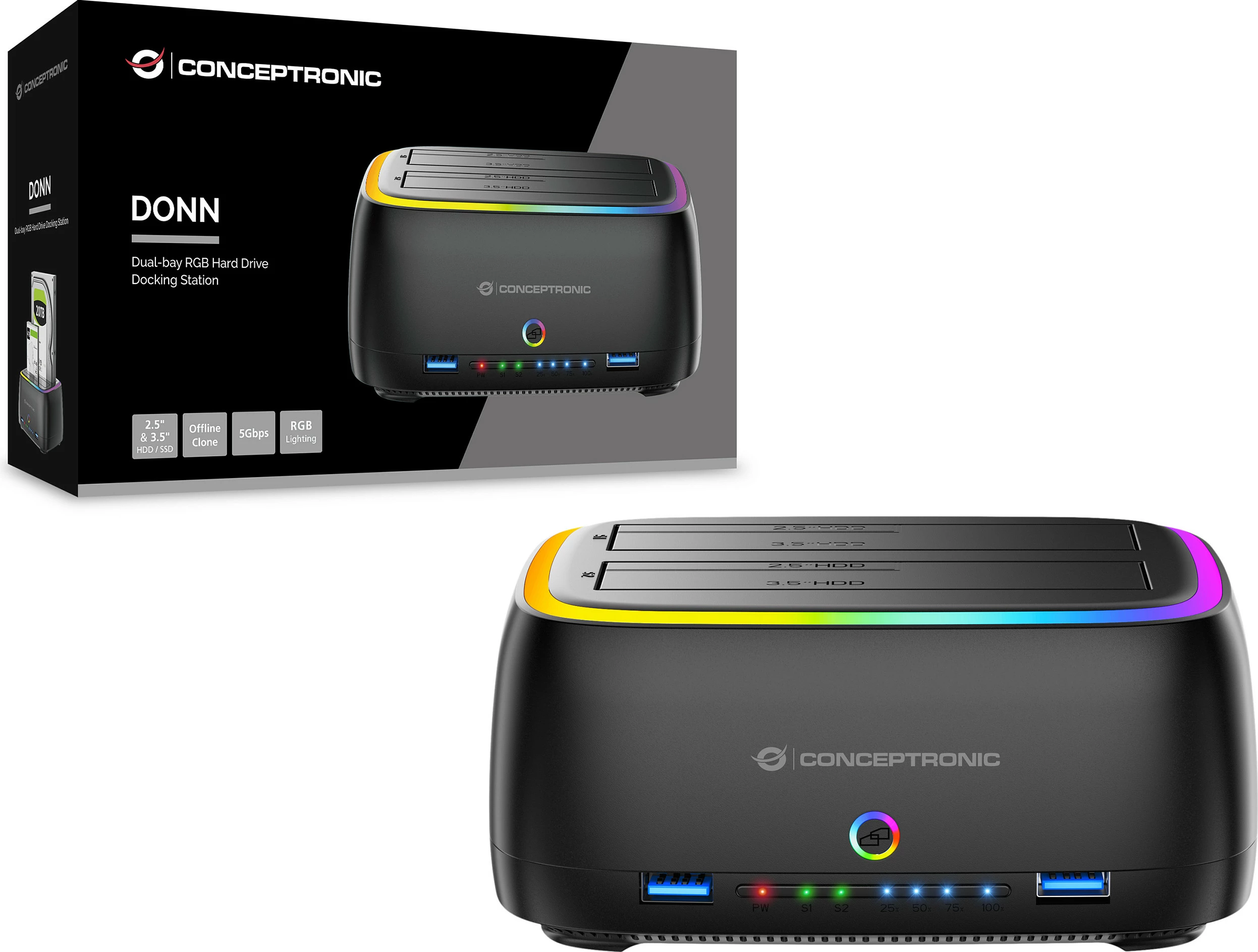 Kuti e jashtme për HDD/SSD Conceptronic, 2.5/3.5", 2-bay, USB-C, RGB, e zezë