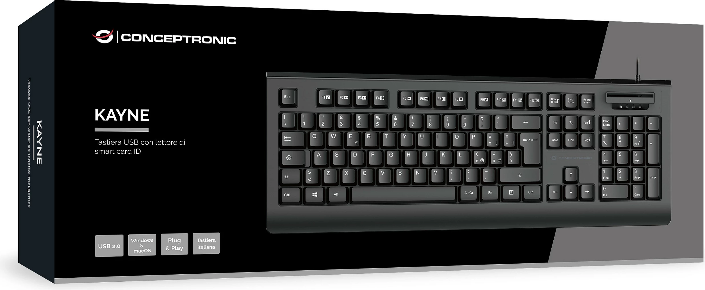 Tastierë Conceptronic KAYNE01IT, USB me lexues kartelë smart ID, QWERTY italisht, full-size, e zezë