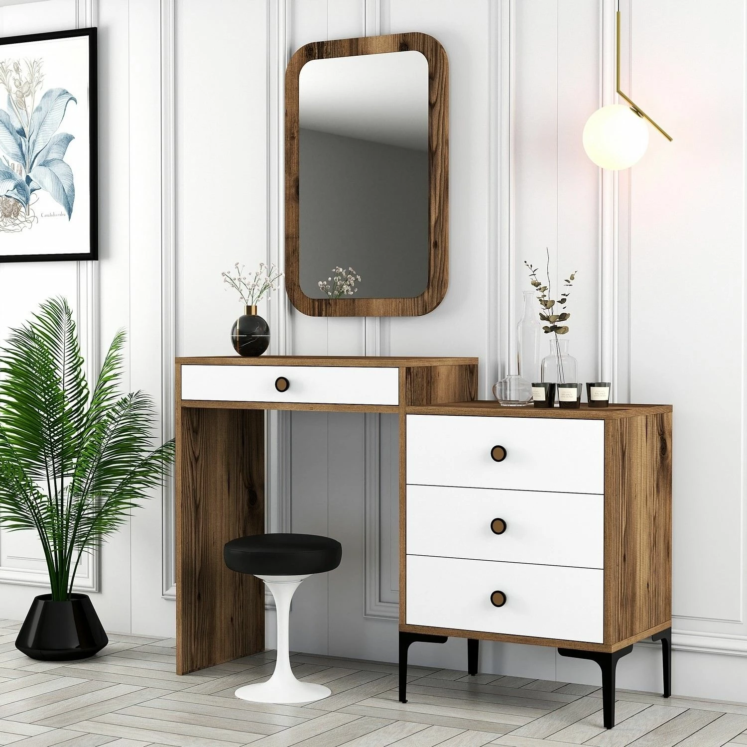 Tavolinë grimi Skye Decor, Lizbon 544, ngjyrë arre dhe e bardhë