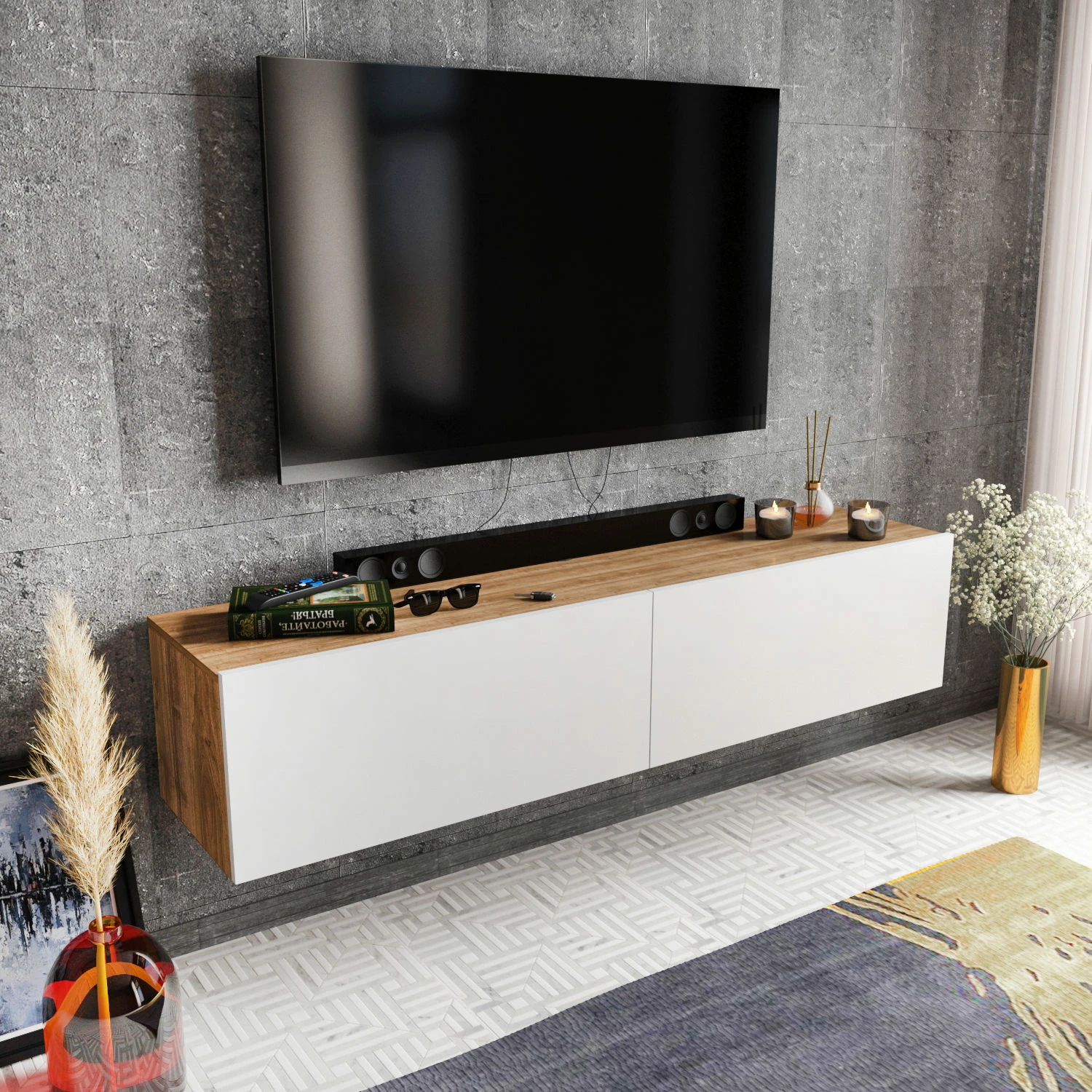 Komodë TV Hanah Home, ngjyrë e bardhë dhe arre, Poling