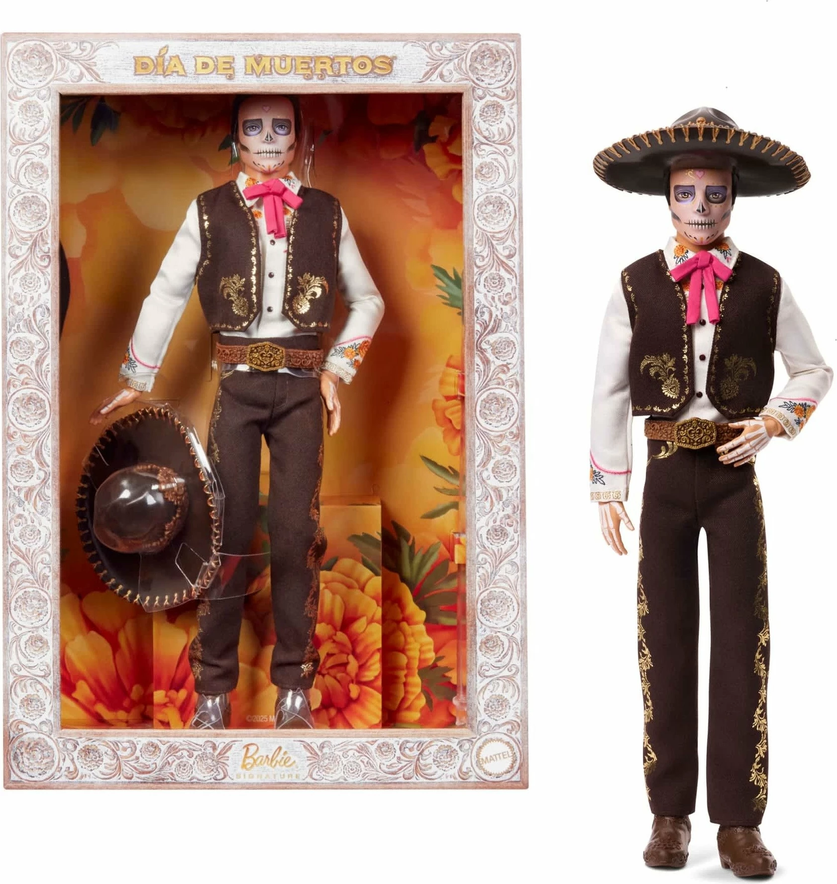 Kukull koleksionuese Ken Mattel Signature Dia De Muertos 2025 JBJ06 me aksesorë, certifikatë autenticiteti dhe stand