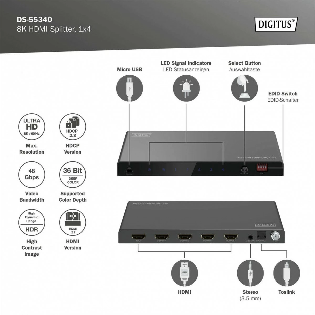 Splitter HDMI Digitus DS-55340, 1x4, 8K/60Hz, me HDR, Toslink/Stereo, i zi