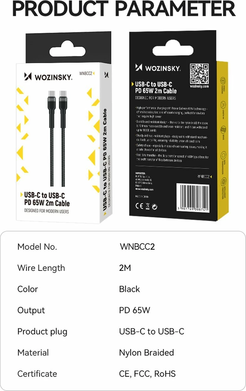 Kablë USB-C në USB-C Wozinsky WNBCC2 PD 65W 2 m, e zezë, 1 copë
