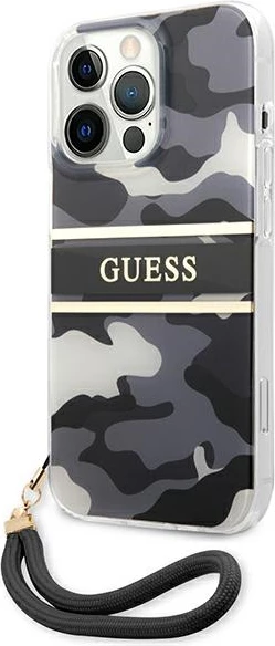 Mbështjellës Guess GUHCP13XKCABBK për iPhone 13 Pro Max 6.7", Camo, i zi, me varëse