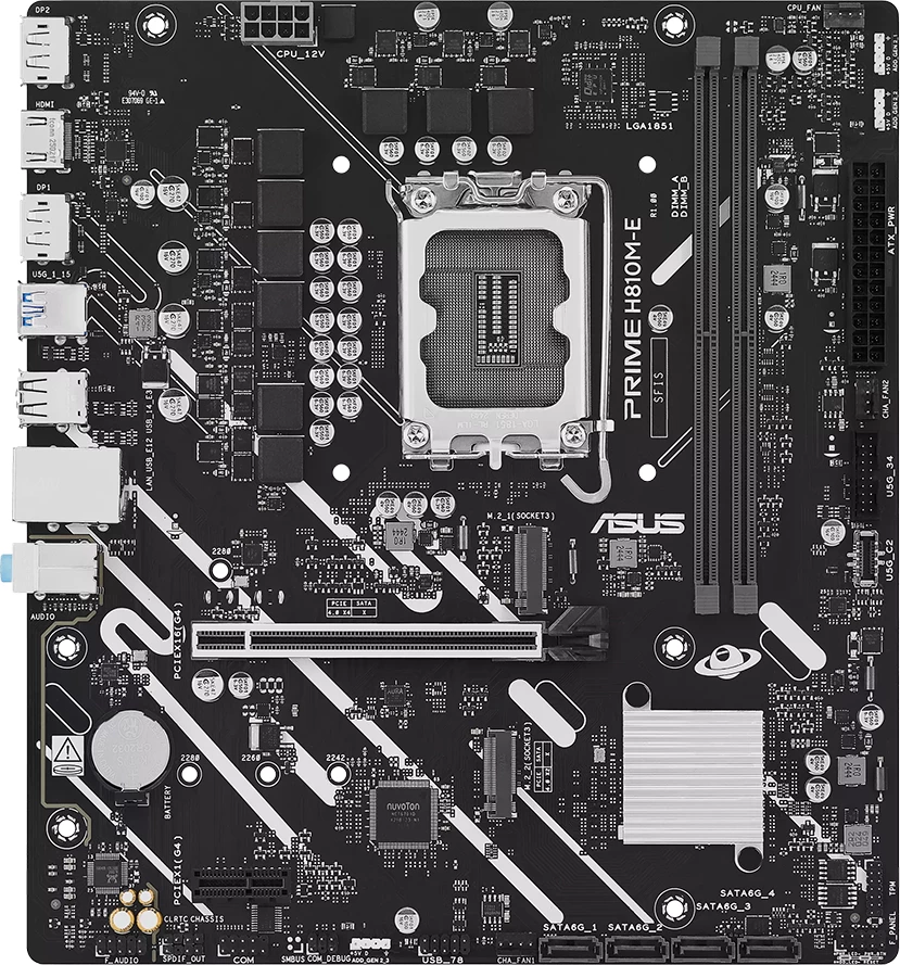 Pllakë amë ASUS PRIME H810M-E-CSM, LGA1851, Intel H810, micro ATX, DDR5 2xDIMM, 2xM.2, 4xSATA, PCIe 4.0, 1Gb Ethernet, 2xDisplayPort, 1xHDMI, Aura Sync