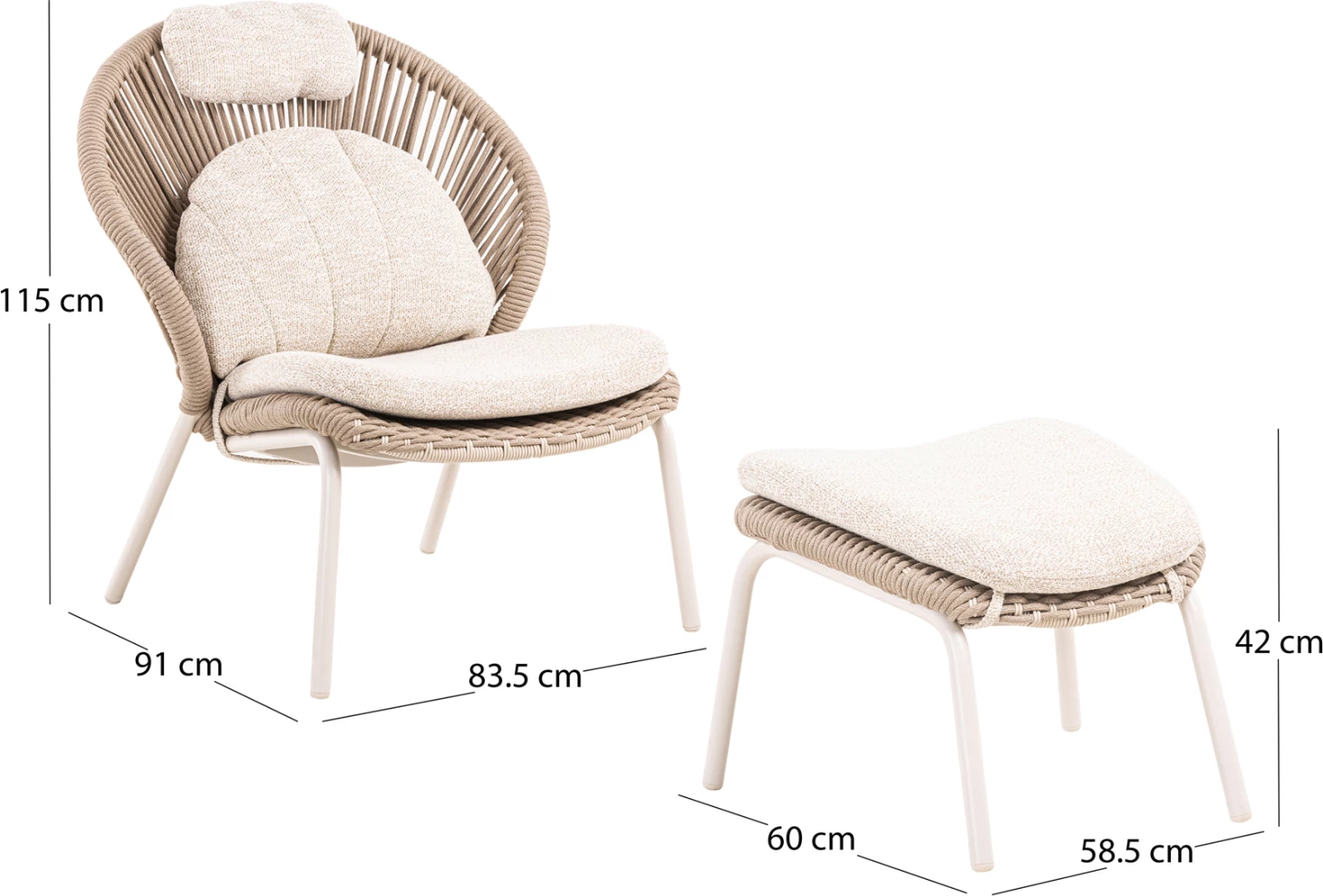 Fotel me këmbështetëse RIVEN, alumin, litar natyral, jastëk bezhë, CD6395.01, 86.5x89.5x115cm