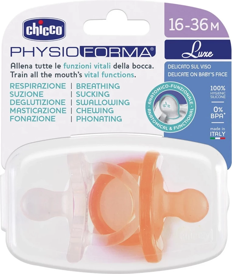 Qetësues silikoni Chicco PhysioForma Luxe Calm 16-36 muaj, portokalli, 2 copë