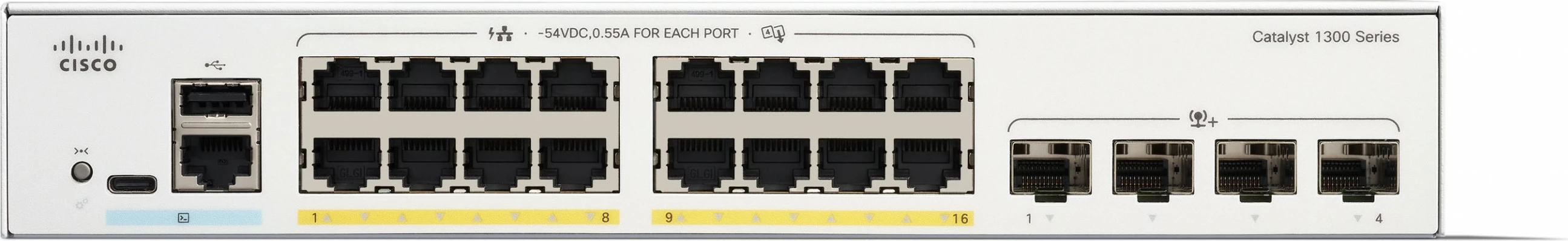Switch Cisco Catalyst 1300-16P-4X, 16 porta GE, PoE, 4x10GE SFP+