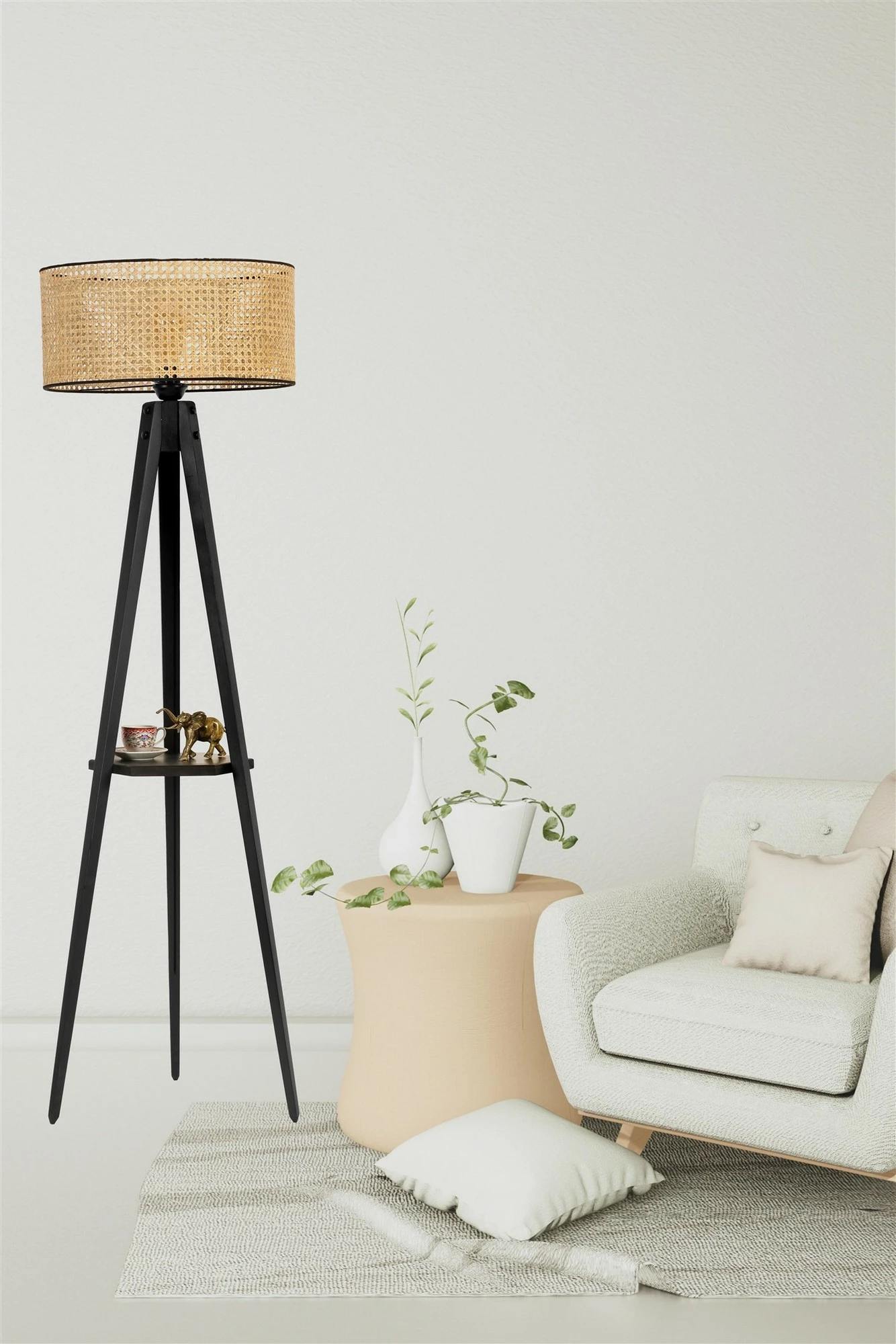 Llambë dyshemeje Opviq, tripod, abazhuri cilindrik rattan, me rafte, ngjyrë e zezë dhe rattan