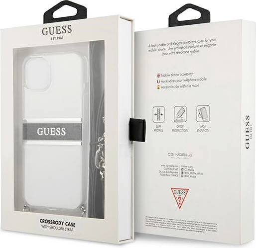 Mbështjellës Guess GUHCP13SKC4GBSI për iPhone 13 mini 5.4", transparent, me rrip dhe zinxhir argjendi