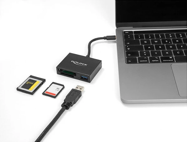 Lexues kartelash DeLOCK USB-C për XQD/SD, 5 Gbps, me portë USB-A, i zi