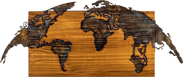 Dekor muri hartë bote, dru pishe natyral, metal i zi, 83x3x38cm