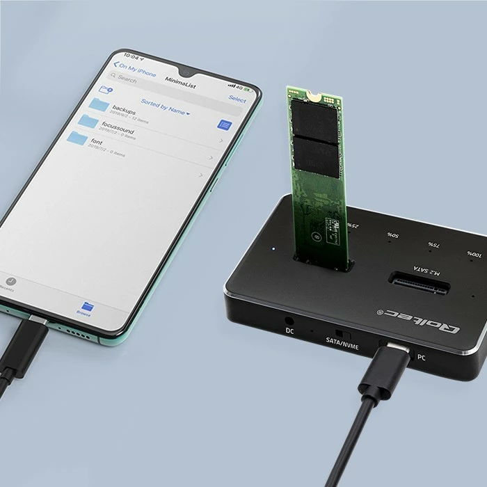 Stacion dokimi SSD M.2 Qoltec 52274, NVMe/SATA, USB-C, 2x2TB, i zi