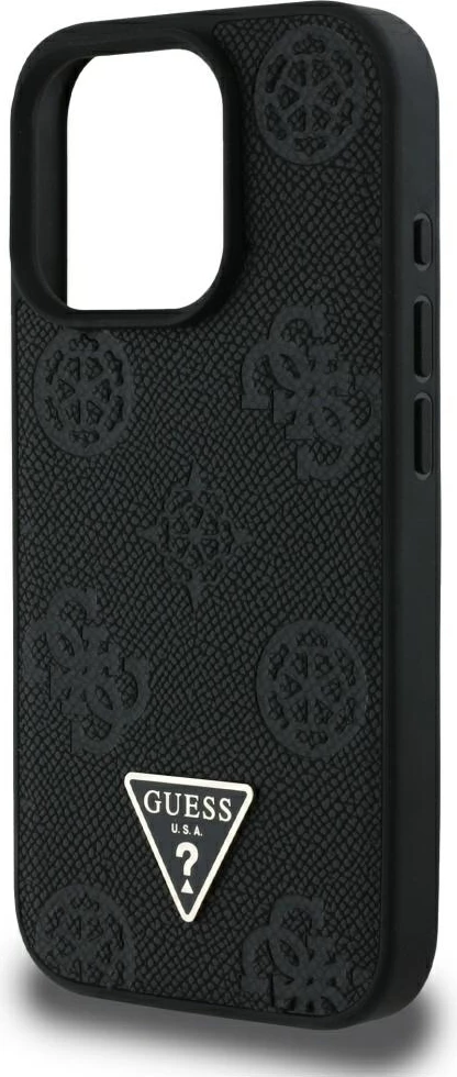 Mbështjellës Guess Grained Hot Stamp Peony Triangle Logo MagSafe për iPhone 16 Pro Max, i zi