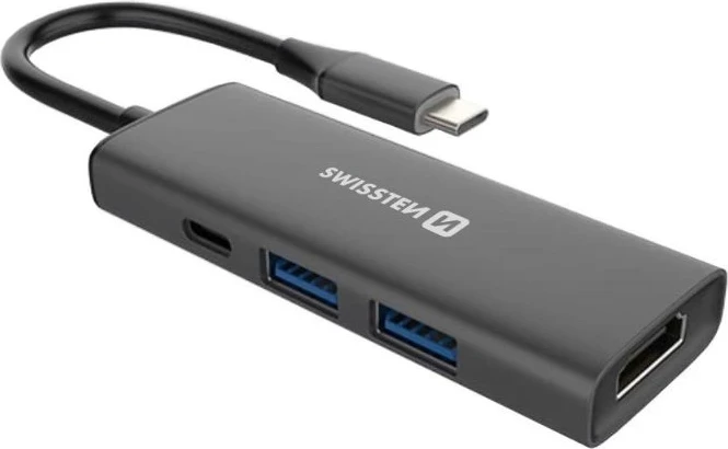 USB-C HUB 4-në-1 Swissten (USB-C 100W, HDMI 4K, 2x USB-A) ALUMIN