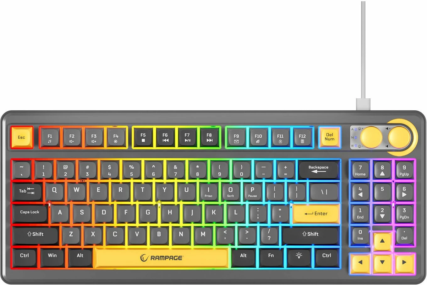 Tastierë gaming Rampage Cyclone 90%, RGB, anti-ghosting 26 taste, USB-C me kabllo të shkëputshme, membranë, e zezë