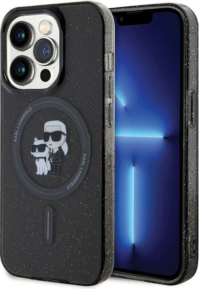 Mbështjellës Karl Lagerfeld Karl&Choupette Glitter MagSafe për iPhone 15 Pro, zi