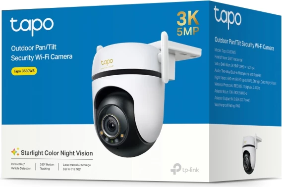 kamerë sigurie Wi‑Fi TP-Link Tapo C530WS 3K 5MP 360° pan/tilt, IP66, bardhë/zezë