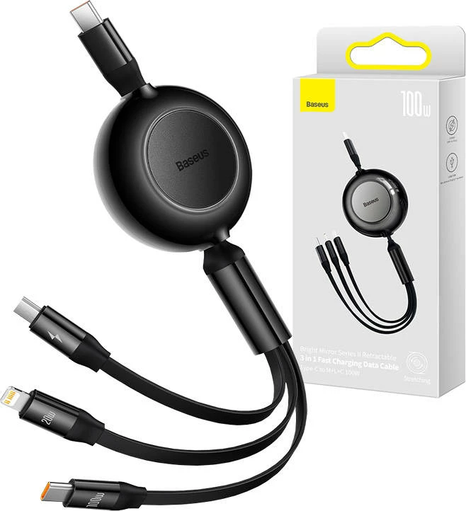 Kabllo multifunksionale Baseus Bright Mirror 4, 3-në-1, USB-C/Micro USB/Lightning, 1.1m, e zezë