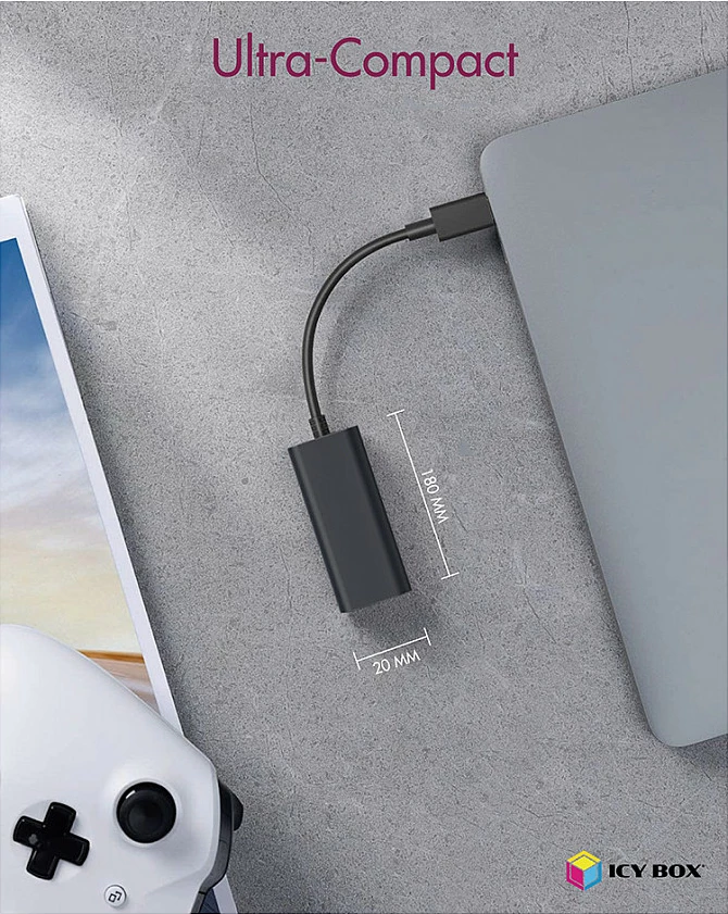 Adapter rrjeti ICY BOX USB 3.2 Gen1 në Gigabit Ethernet, 1x RJ-45, i zi