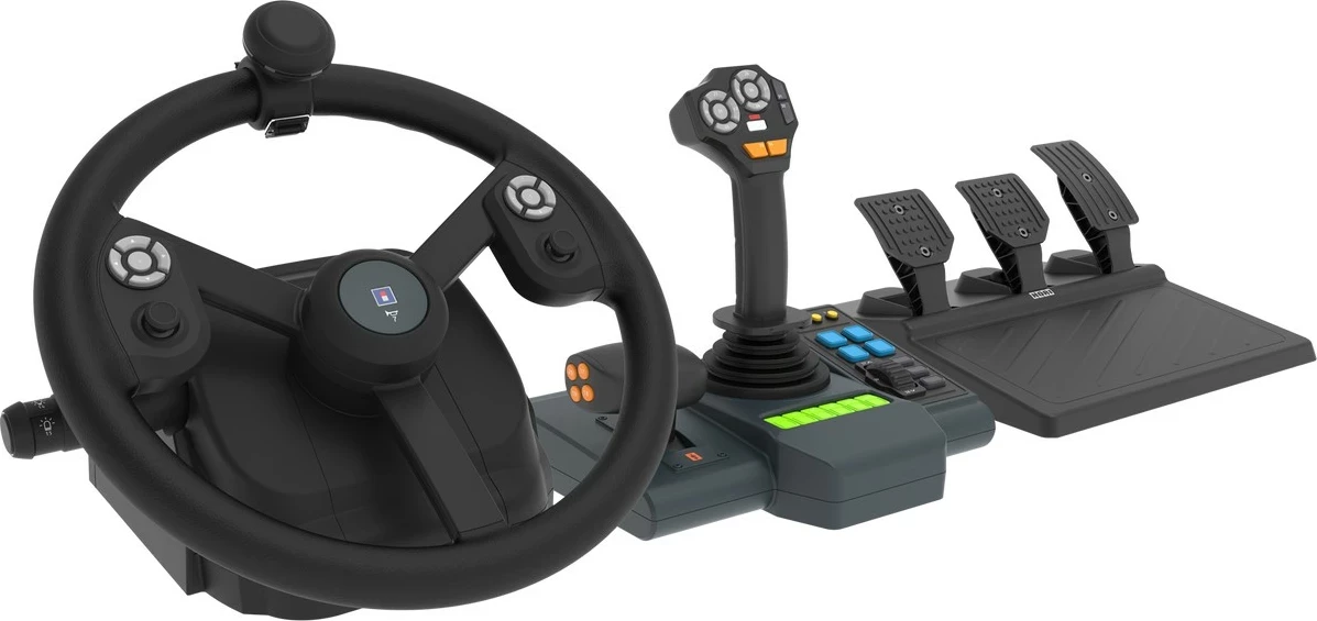 Set kontrolli simulimi HORI Farming Vehicle Control System (MPN 81005091221), timon 34 cm 900° + 3 pedale + konsolë anësore me joystick USB, i zi