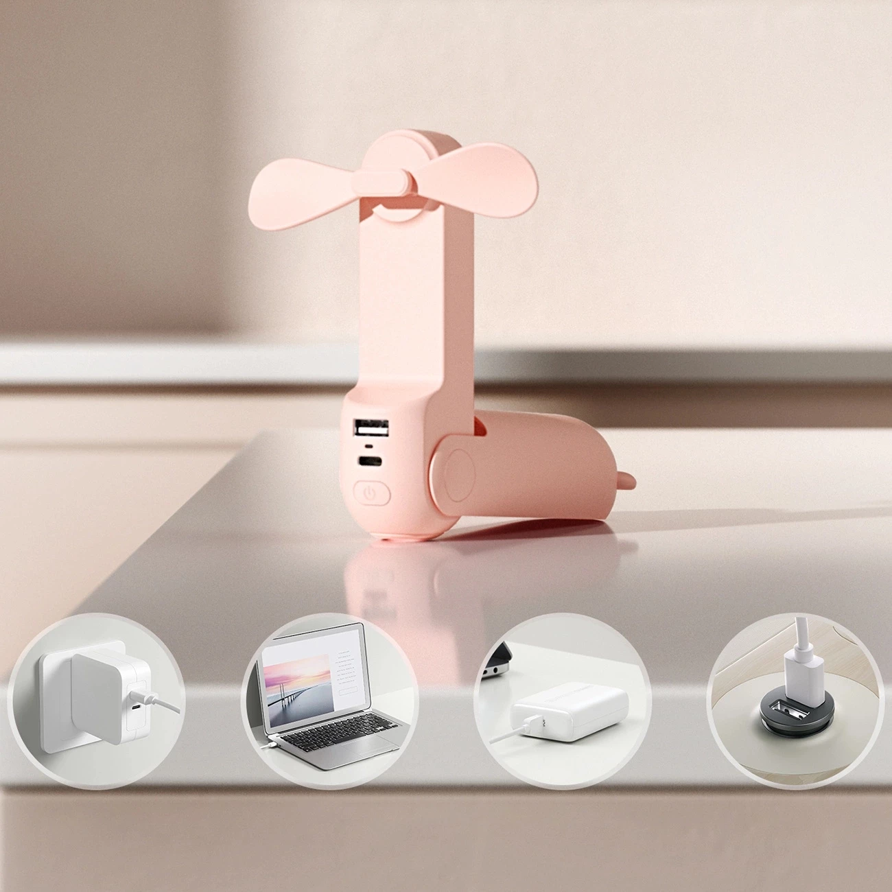 Ventilator dore portativ Jisulife Life8 Plus 4500mAh 3-në-1 (fan + power bank + dritë LED) Rozë, me kabllo USB-C dhe rrip