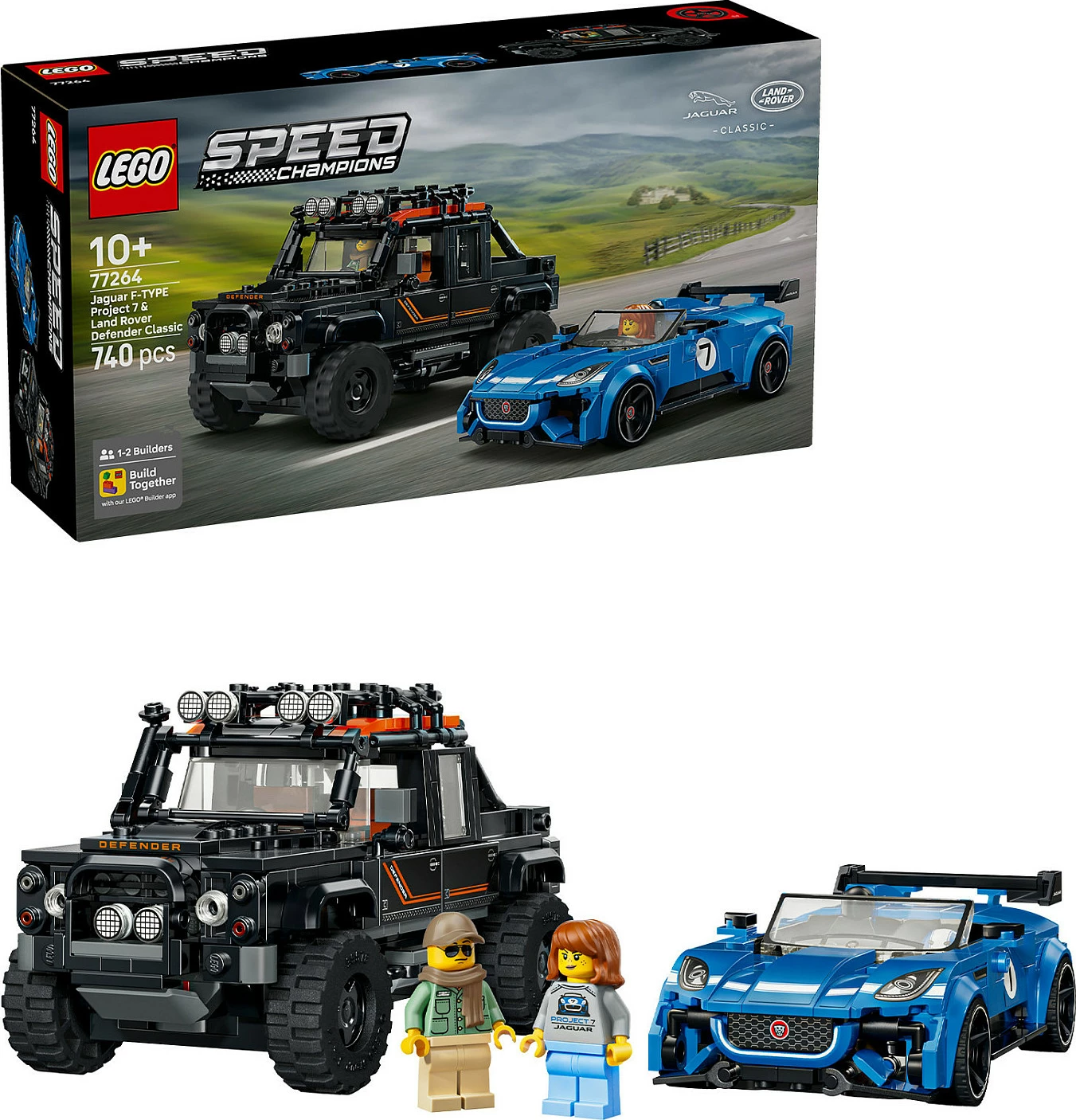 Set ndërtimi LEGO Speed Champions 77264 Jaguar F-Type Project 7 & Land Rover Classic Defender, 740 copë, 10+, blu/zi