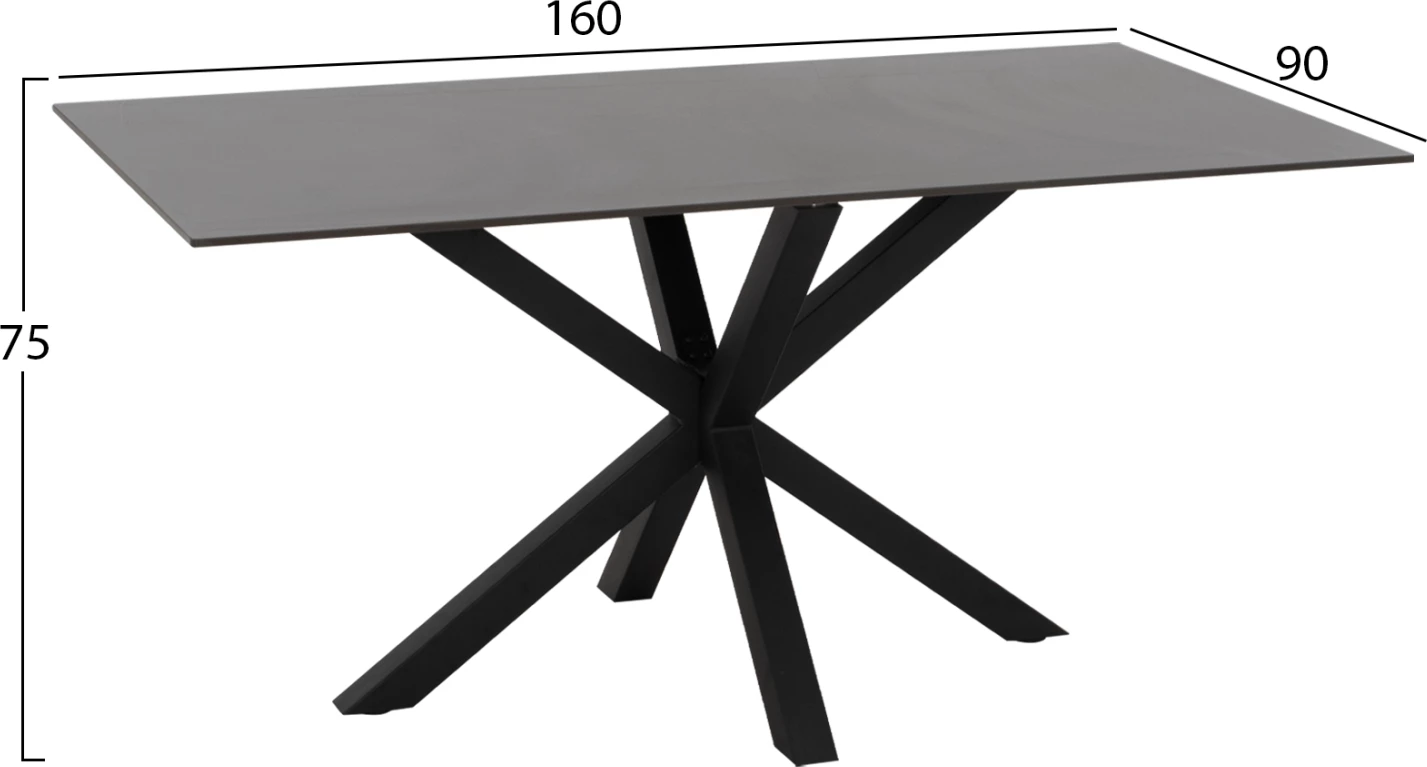 Tavolinë për ngrënie, gur i sinteruar, këmbë metali të zeza, 160x90x75 cm