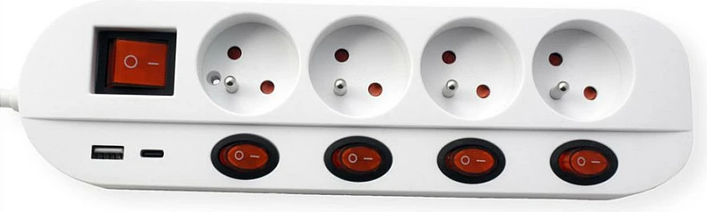 Zgjatues rryme ROLINE 19.07.2346, 4 priza, 1.5 m, 2x USB (A+C), Type EF, me ndërprerës, i bardhë