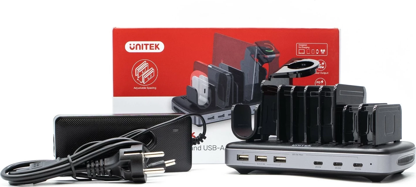 Stacion ngarkimi Unitek, 3 x USB-A 20W, 3 x USB-C PD 60W, 80W, e zezë