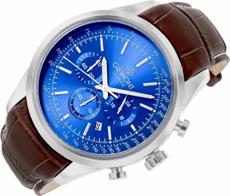 Orë dore kronograf për meshkuj Giewont GW7650-A5, e kaltër/argjendtë, rrip lëkure kafe