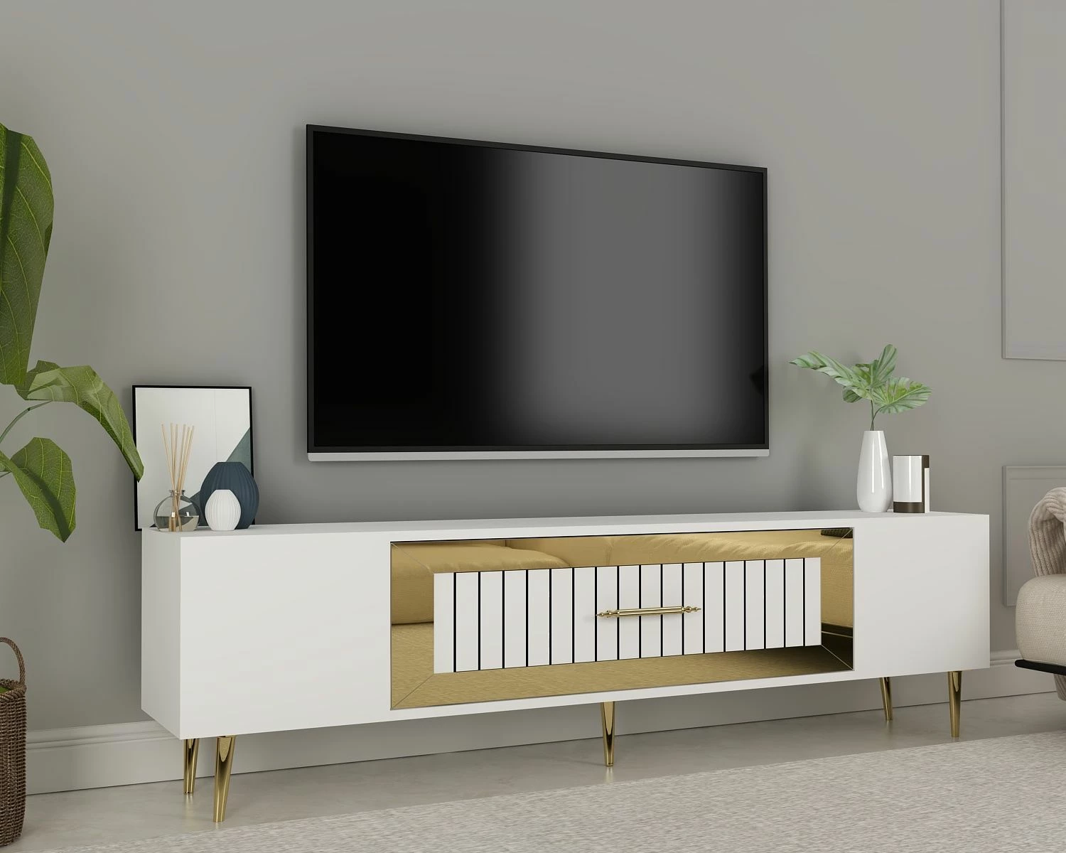 Komodë TV Skye Decor, Dekolp3, e bardhë, ari