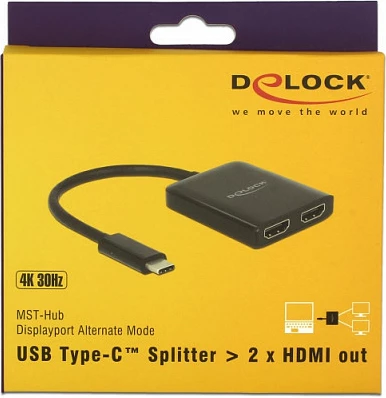 Adapter DeLOCK 87719 USB-C në 2x HDMI, 4K 60Hz, 0.25m, i zi
