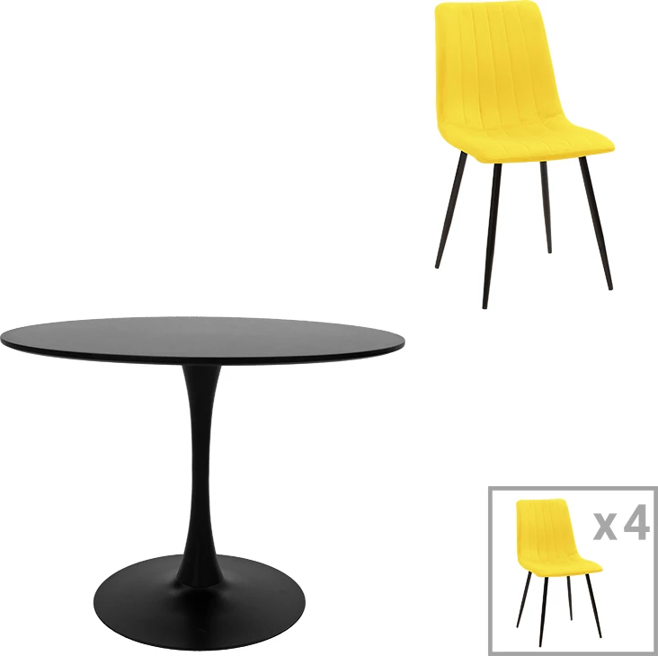 Tavolinë me karrige Balou-Noor, MDF, e zezë-verdhë, set prej 5 copësh, D120x73cm