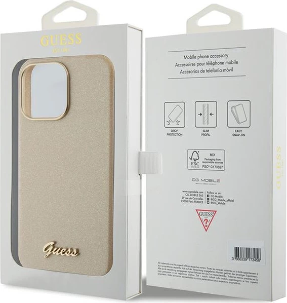 Mbështjellës Guess Glitter Glossy Script për iPhone 15 Pro Max, ari