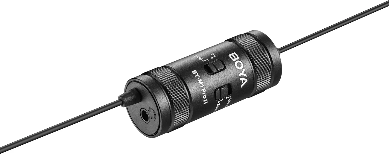 Mikrofon lavalier i lidhur BOYA BY-M1 Pro II, 3.5mm TRRS, kabllo 6 m, me monitorim, i zi, set me klip dhe mbrojtës ere