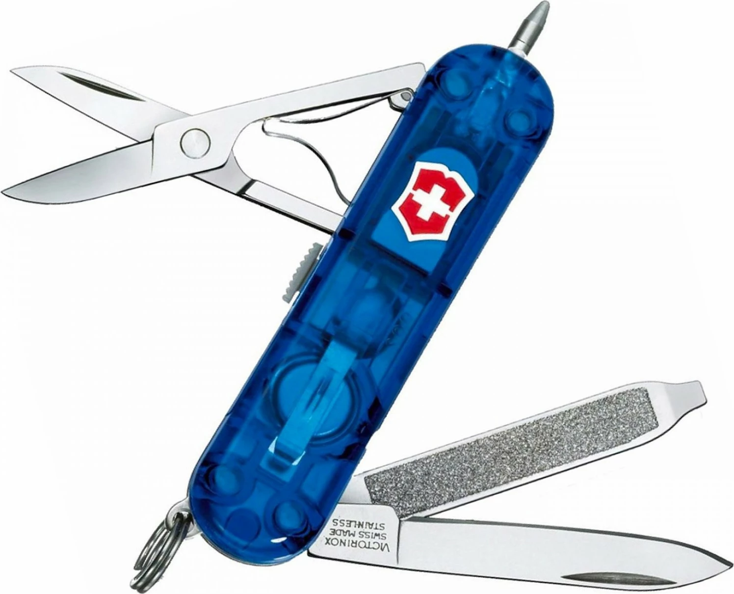 Thikë xhepi Victorinox SWISSLITE, e kaltër e tejdukshme, LED- e bardhë