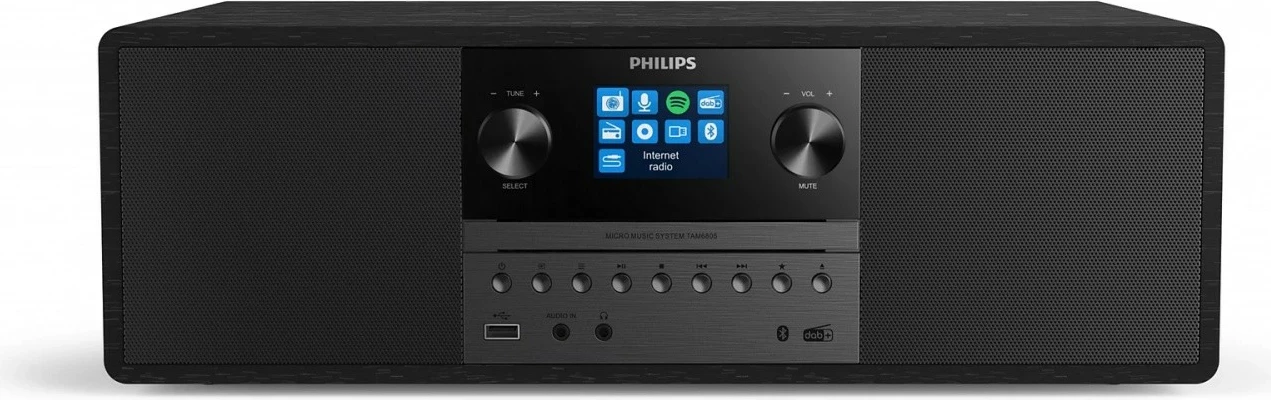 Sistem hi-fi mikro Philips TAM6805/10, internet radio me Wi‑Fi, Spotify Connect, Bluetooth 4.2, CD player, USB riprodhim dhe karikim, 50 W, e zezë, set me telekomandë dhe antenë FM