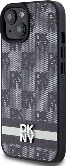 Mbështjellës DKNY Leather Checkered Mono Pattern & Printed Stripes për iPhone 15/14/13, i zi