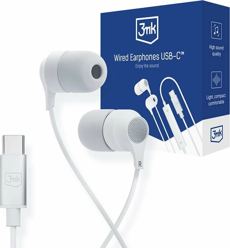 Kufje me kabllo 3MK Wired Earphones, USB-C, me mikrofon, 1.2 m, të bardha