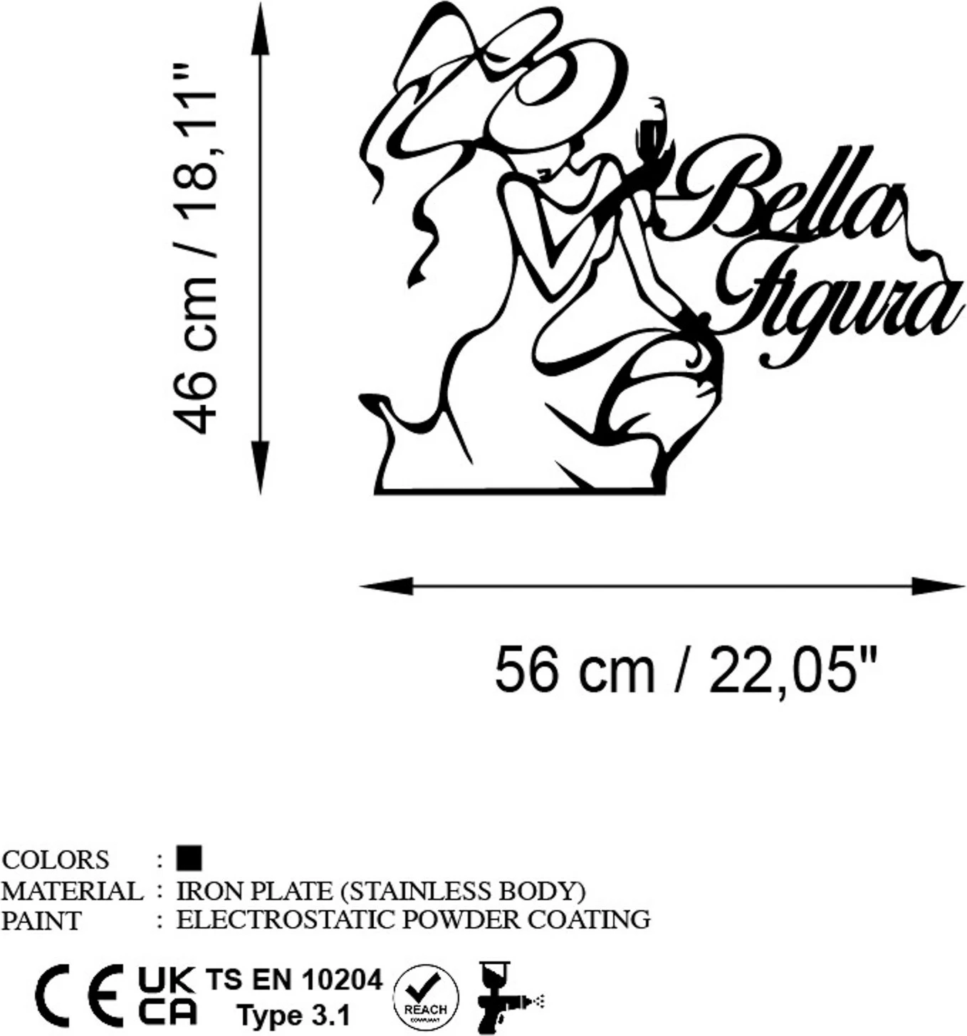Aksesor dekorativ metalik për mur, Wallity Bella Figura 4, ngjyrë e zezë, 56x46cm