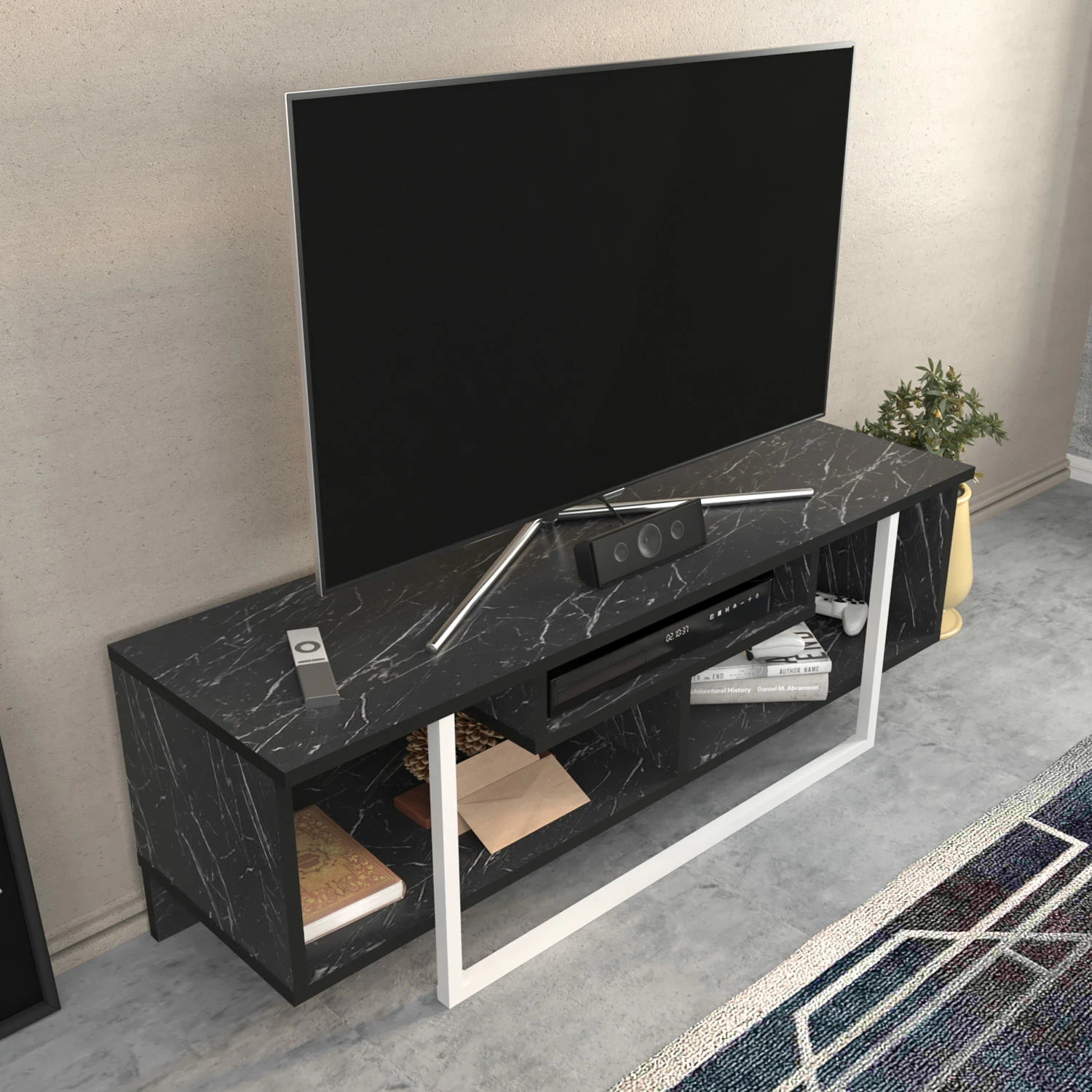 Komodinë TV Skye Decor, Asal 120, e zezë dhe e bardhë